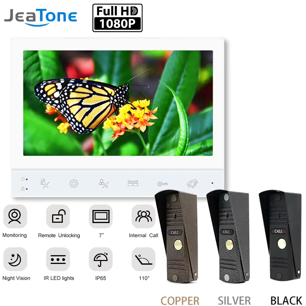 Jeatone 7inch 1080P Video Door Phone for Home Metal Panel Doorbell Wired Outdoor Waterproof Night Vision Electric Lock Unlock