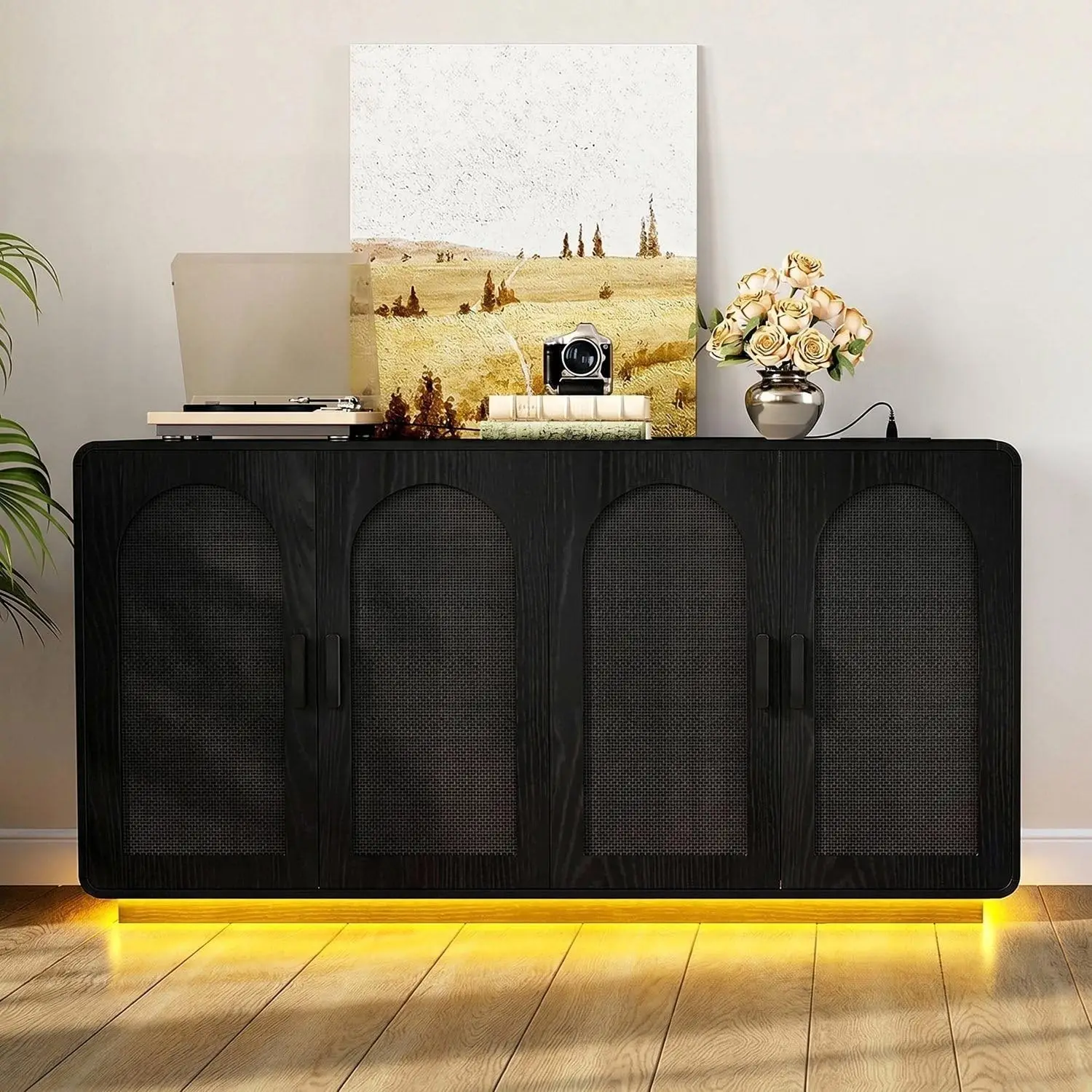 62-Inch Rattan Buffet Cabinet with LED and Power Outlet, Black | engineered-wood sideboard with four rattan doors,, Customized