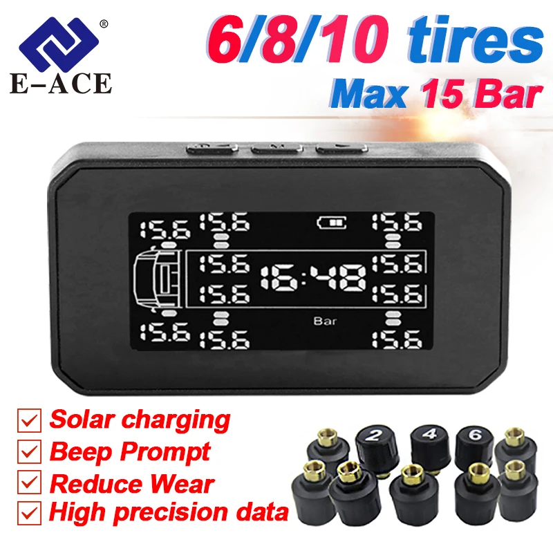 

Car Solar Powered TPMS Tire Pressure Monitoring System LCD Display 6/8/10 Sensors Real-Time Tire Pressure & Temperature Alarm ﻿
