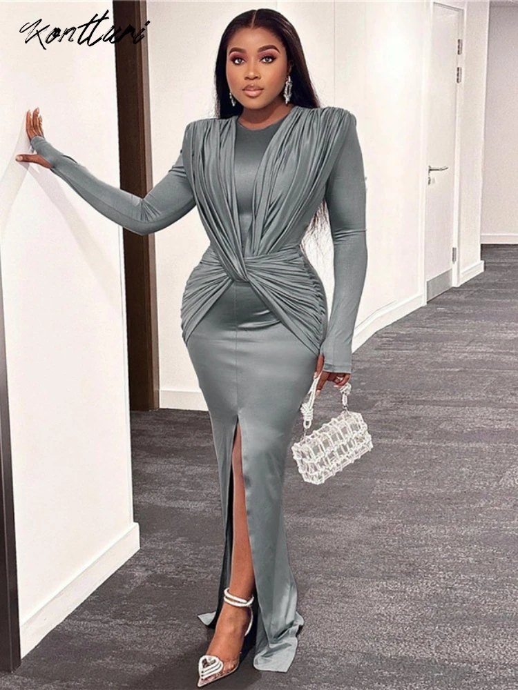 Kontturi Fall Evening Dresses 2024 Women Solid O Neck Long Sleeve Pleated Dress Party Grey Cut Out Bodycon Maxi Dresses Female