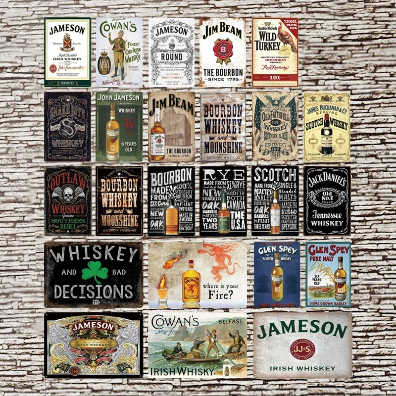 Jameson Whiskey Vintage Metal Sign Plaque Wall Sticker Wine Bottle Combination Tin Label Retro Wall Artist Bar Home Decoration