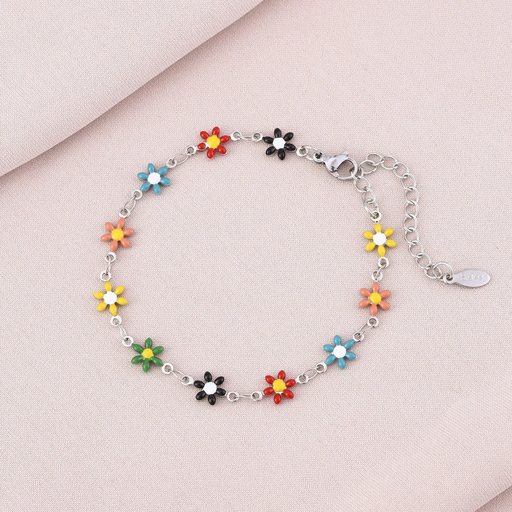 Fashion Stainless Steel Colorful Enamel Flower Bracelet For Women Lovely Girls Exquisite Wrist Chains Birthday Jewelry Gifts