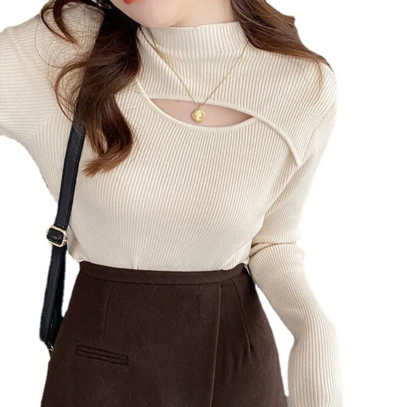 

2025 New Fashion Women's Niche Design Hollow Advanced Sense Bottoming Cardigan Knitted High Neck Temperament Korean Slim Tops