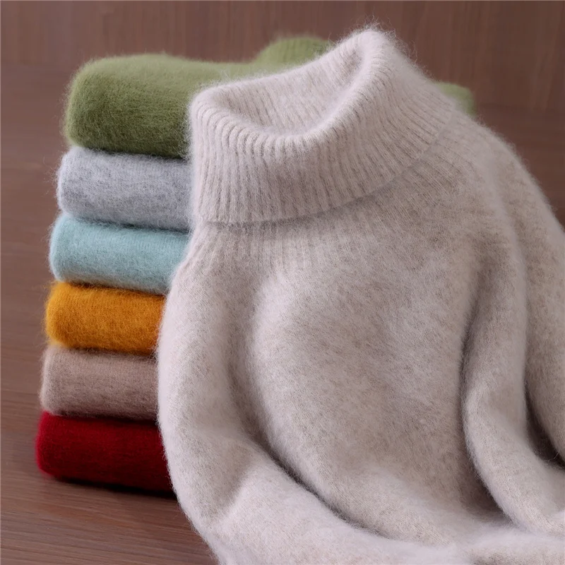 100% المنك سترة الكشمير المعنقة المرأة الخريف والشتاء الدافئة طويلة الأكمام عالية تحول طوق بلون بلوفر مغزول الإناث #4