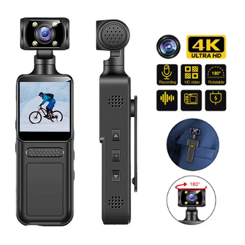  كاميرا صغيرة محمولة 4K مسجل فيديو رقمي كاميرا الجسم الأشعة تحت الحمراء للرؤية الليلية الدراجة 180 ° كاميرا جيب محمولة دوارة #1