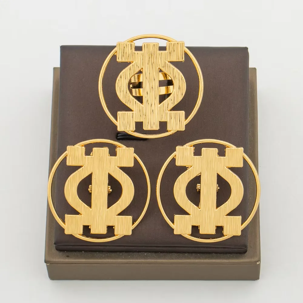 Women 18K Gold Plated Adinkra Symbol Hollow Circle Brushed Earring & Ring Set African Ethnic Statement Party Jewelry Gift