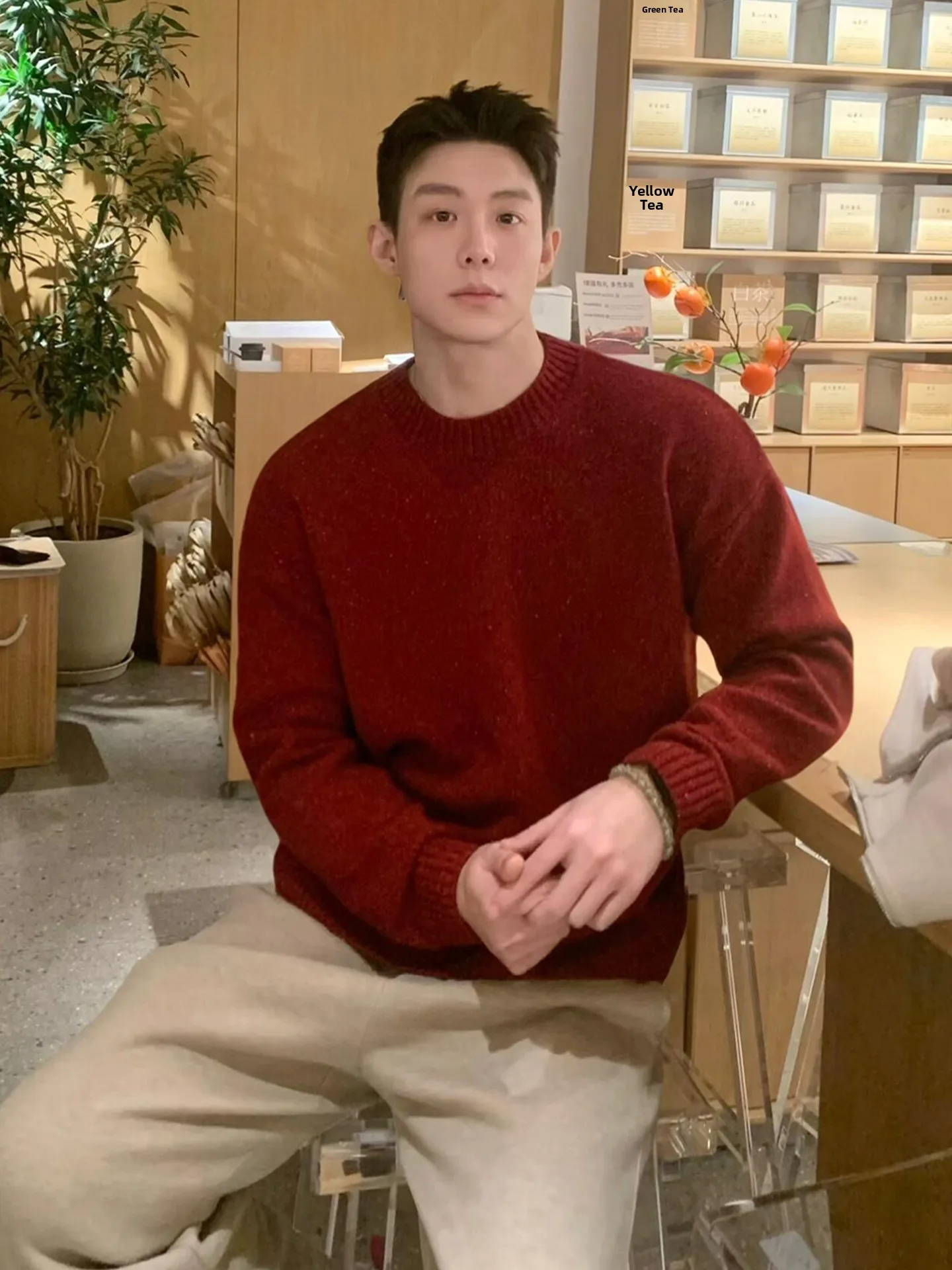 

Red Fce-Lined Thiened Knitted Sweater round Ne Casual Winter Base Layer irt for Men Soft Warm Leisure Home Outdoor