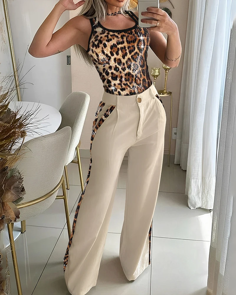 2024 Women 2 Piece Leopard Pattern Contrast Sequin Thick Strap Tank Wide Leg Pants Casual Set