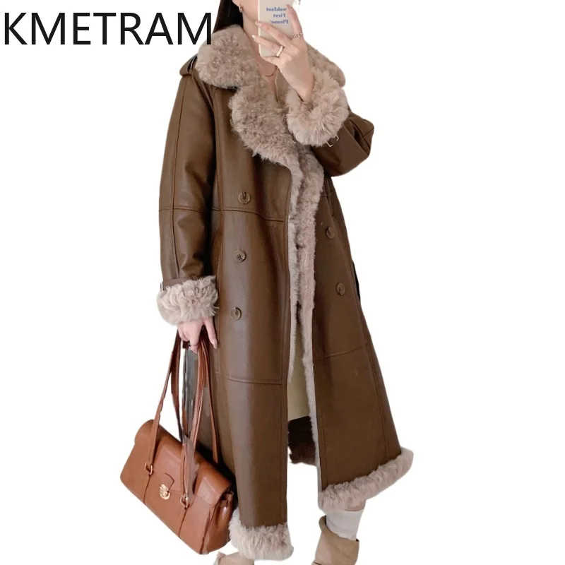KMETRAM Natural Sheepskin with Wool Attached Coat Women Luxury Long Real Fur Coats New in Outerwears Winter Woman Clothing шуба