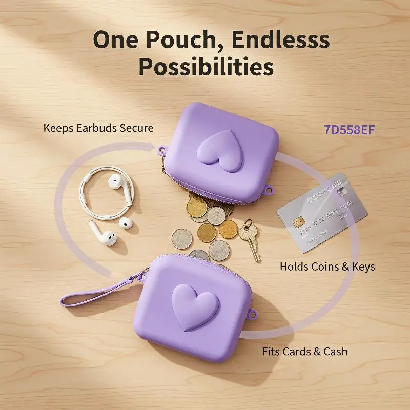 Cute Candy Color Silicone Coin Purse With 3D Heart Design Portable Wrist Lanyard For Keys Earphones Coins Daily Outings Shopping