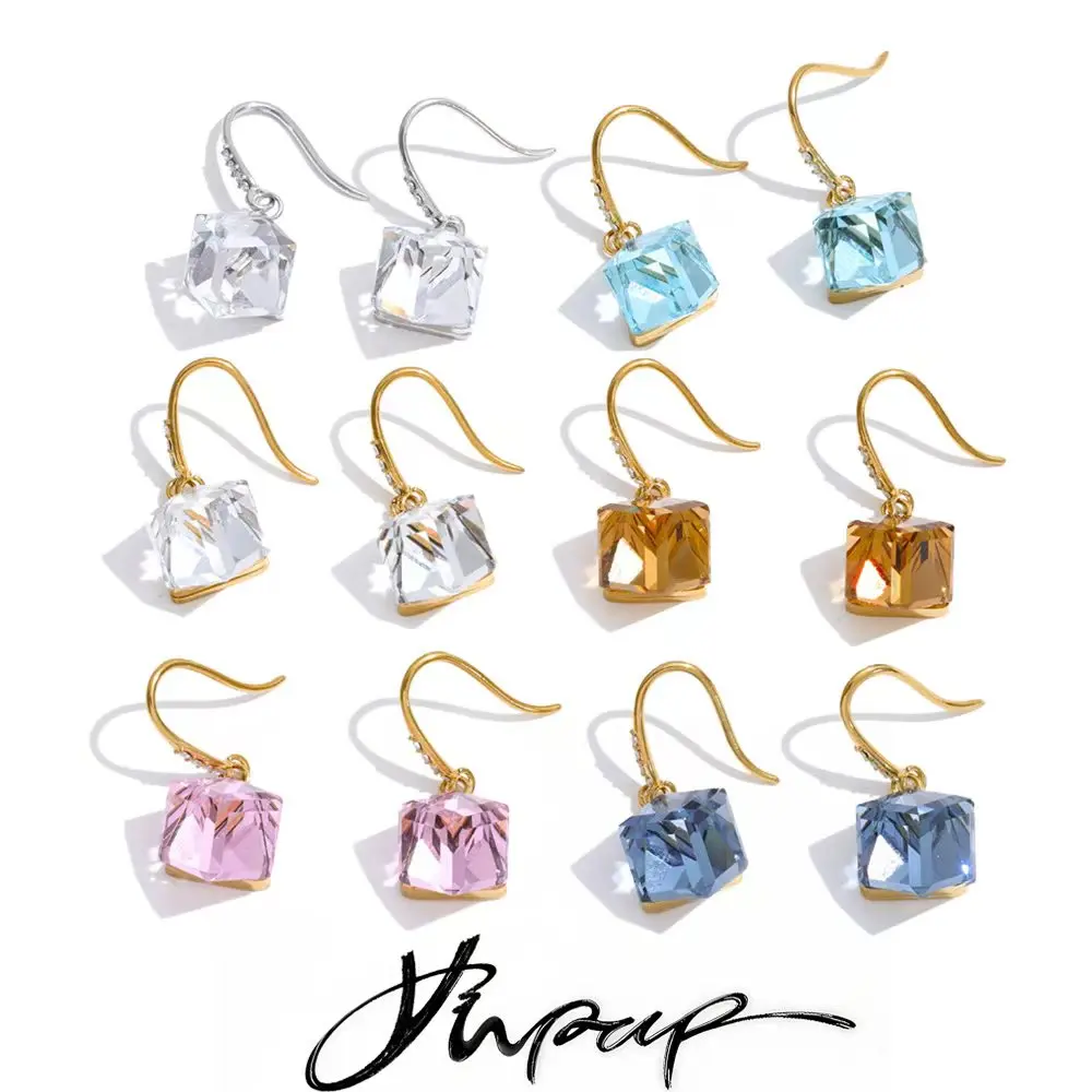 Yhpup Stainless Steel Waterproof Shiny K9 Crystal Square Drop Chic Earrings for Women High Quality Exquisite Daily Style Jewelry