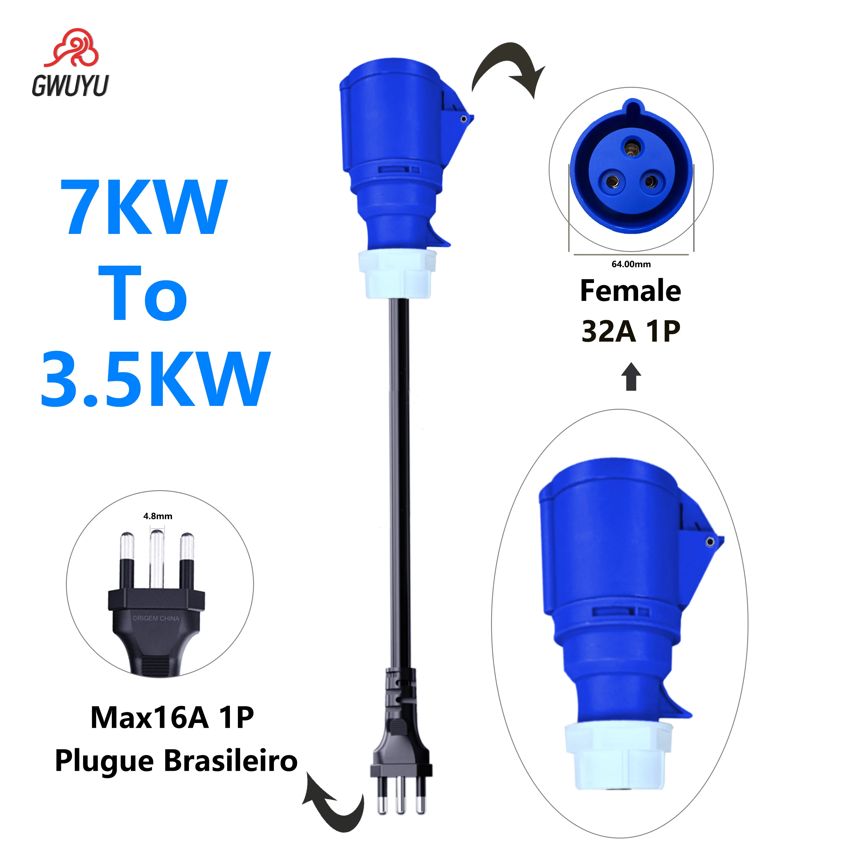 

GWUYU Electric Vehicle Charging Plug BR To CEE 7KW To 3.5KW Electric Vehicle Charging Units New Energy Vehicle Parts
