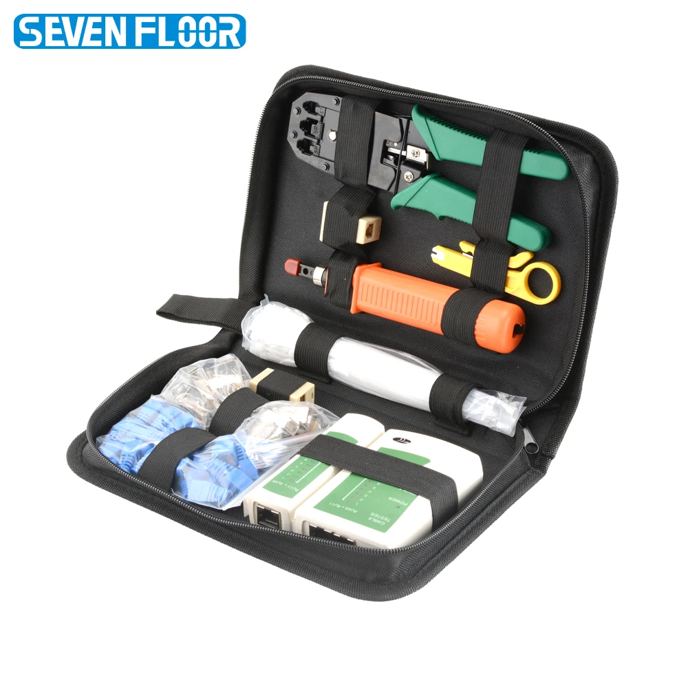 RJ45 Crimping Tool Kit 8P6P4P Shielded Cat5 Plugs Network Tester Punch Down Tool Coupler Splitter Cable Ties Boots Tool Bag