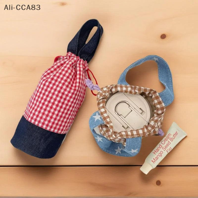 

Splicing Plaid Water Cup Bag Drawstring Drawstring Water Bottle Insulated Cup Storage Bag Out Anti-scalding Handbag