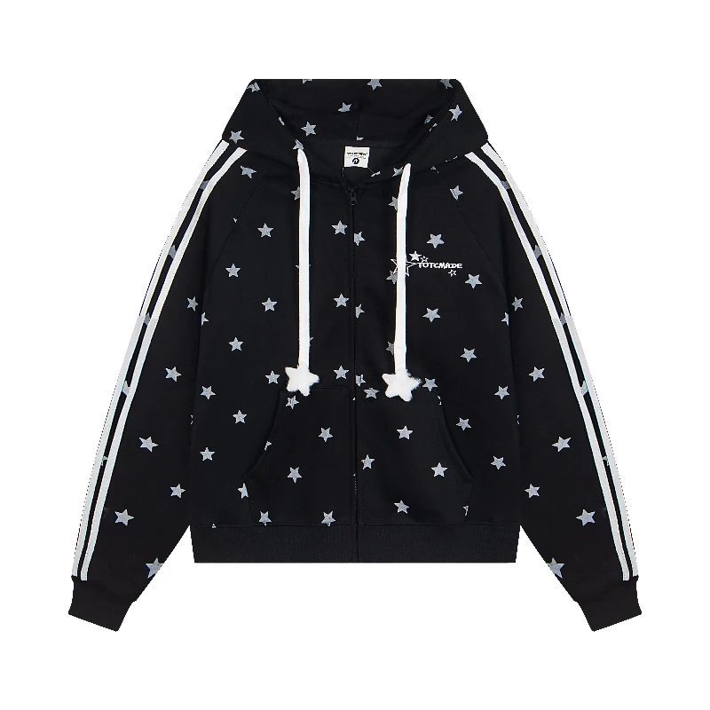 American Retro Star Full Print Striped Raglan Hooded Sweatshirt Women 2025 Spring Autumn Loose Slimming Versatile Coat Ladies