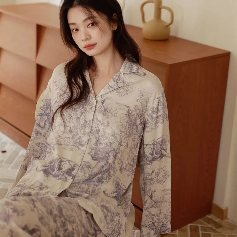 Women's Luxury Viscose Jacquard Pajama Set Vintage Art Print Classic Lapel Long Sleeve Sleepwear for Four Season Home Wear