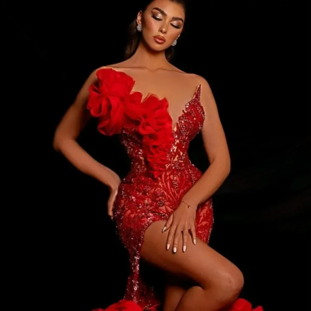 Red Sexy High Slit Cocktail Dresses Glitter Beads Evening Dress 2025 Luxury Organza Ruffles Prom Gown Customized Robe De Mariée