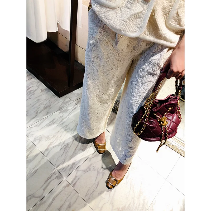 

Ele Heavy Embroidery Hook Flower Straight Leg Pants High Waist Nylon Material Seven Or Nine Points Pants European Sle