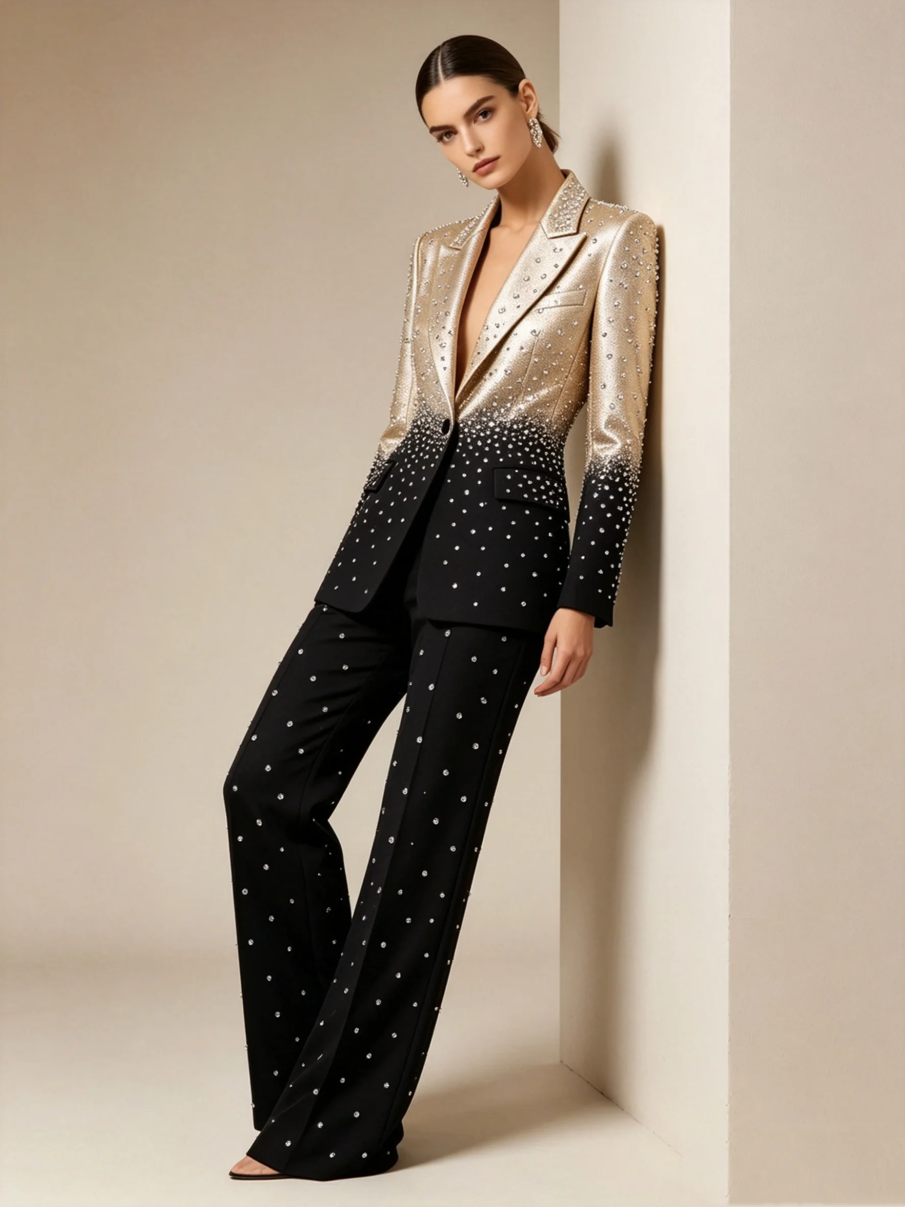 Glitter Crystal Women Suit Set 2 Pcs Gradient Color Blazer Pants Formal Office Jacket Customized Wedding Tuxedo Guest Coat