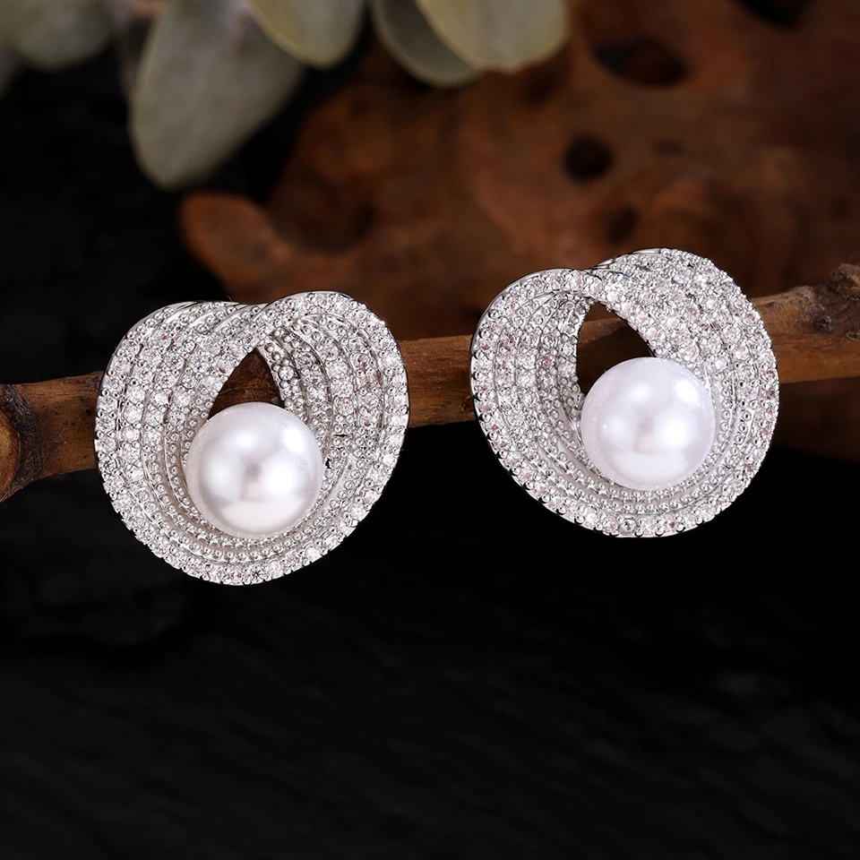 ZAKOL Luxury AAA Zircon Round Pearl Earrings for Women Irregular Stud Earring Temperament Wedding Party Jewelry