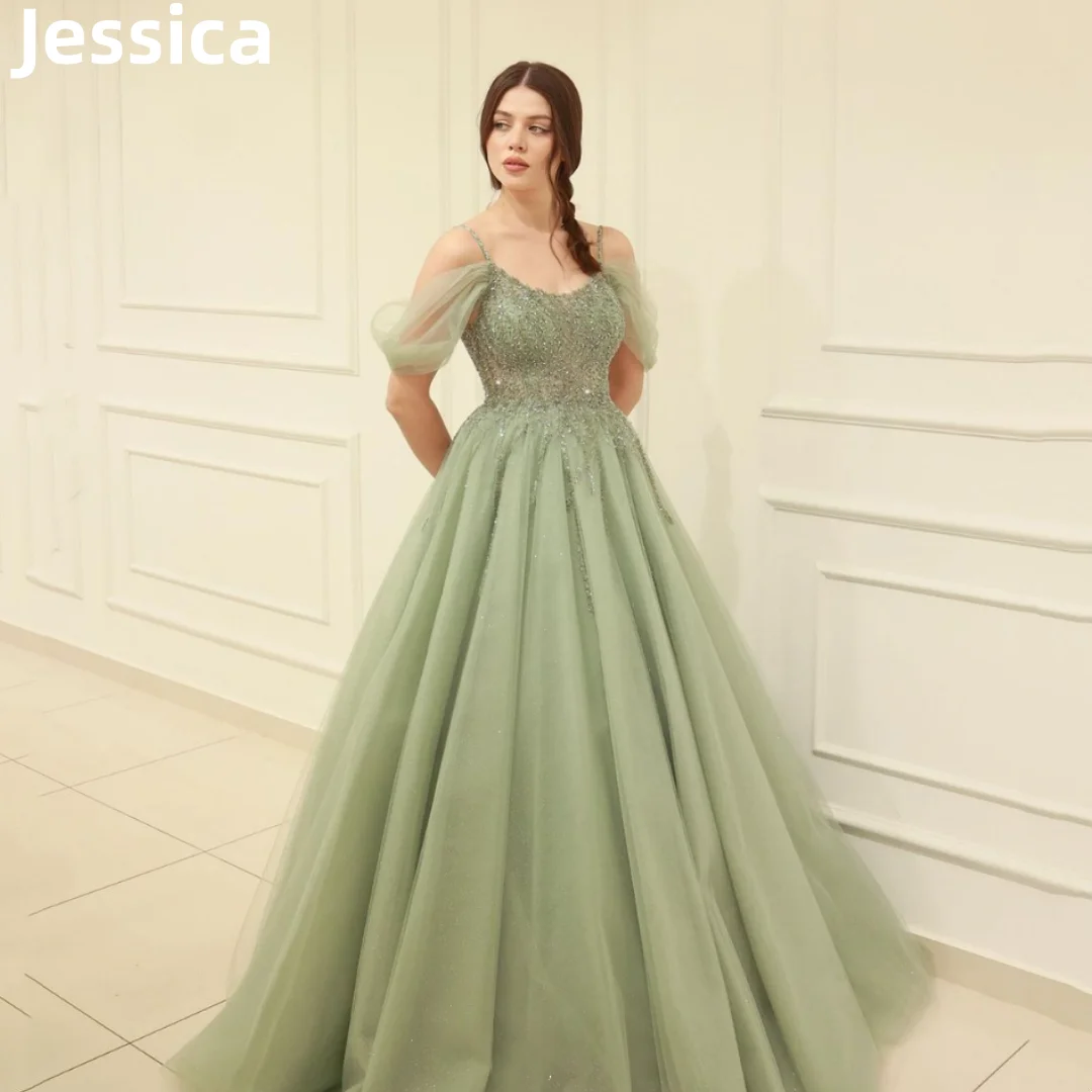 Jessica-vestidos de graduación verde claro para mujer, vestidos de noche con cuentas de tul brillantes para ocasiones formales, vestidos de fiesta