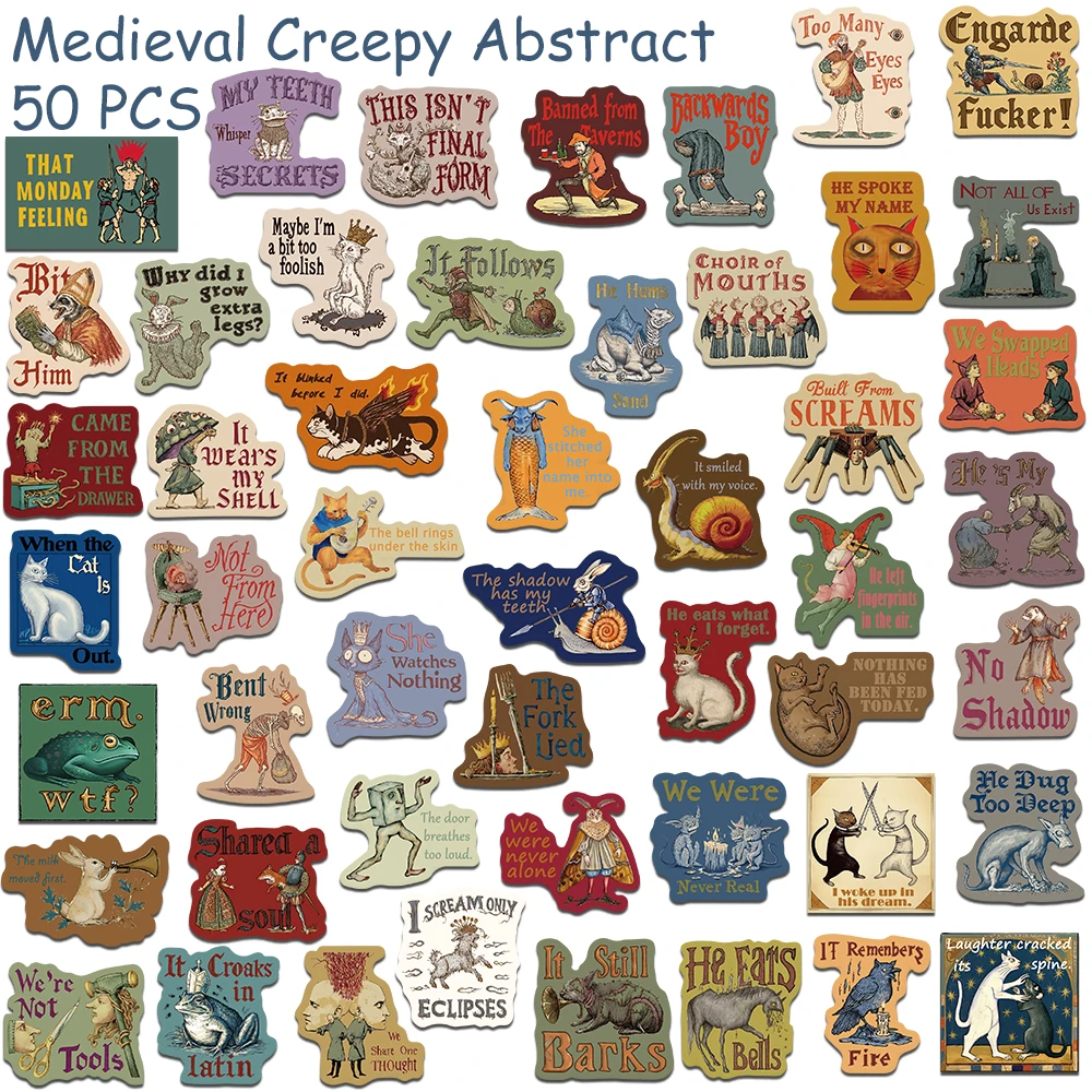 50pcs Medieval Creepy Abstract Stickers Decals For Phone Scrapbook Suitcase Skateboard Helmet DIY Retro Waterproof Stickers