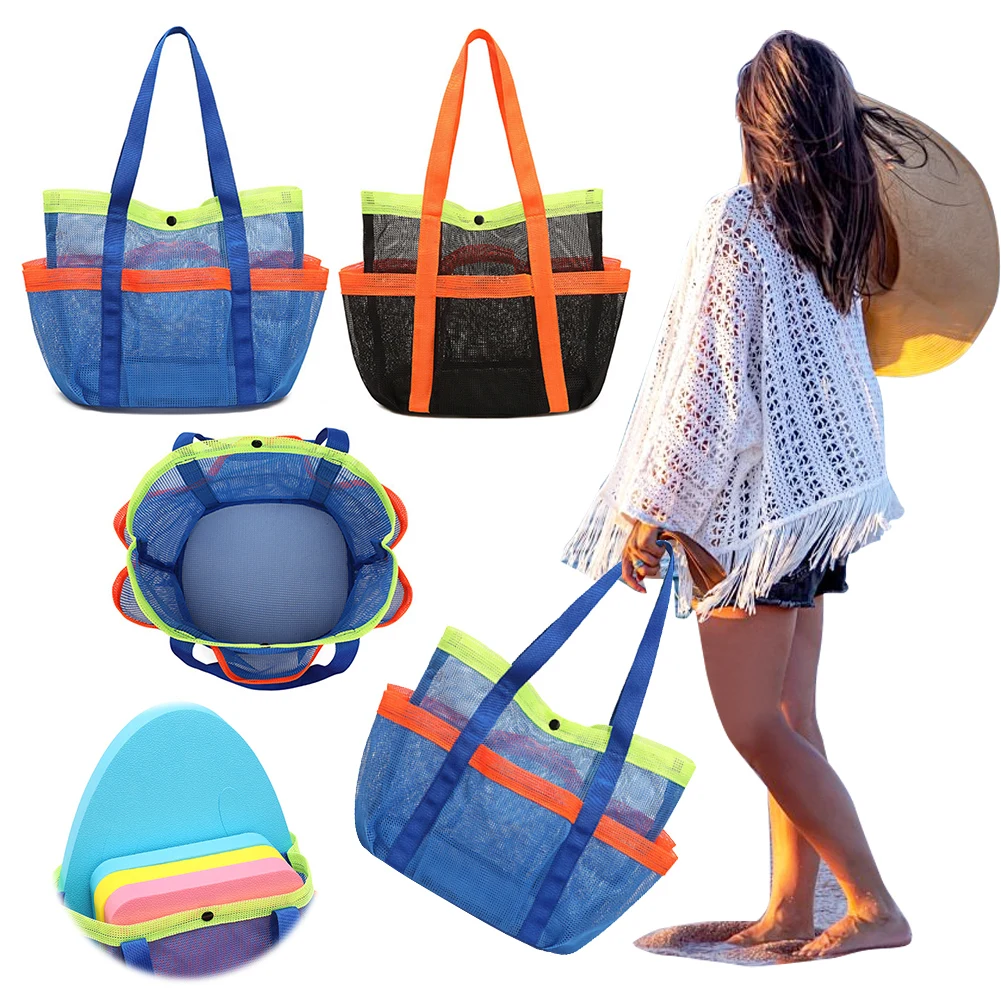 Mesh Beach Bag Large Beach Tote Bag Sandproof Foldable Swimming Pool Bag 7 Pockets for Cruise Swim Vacation Essentials