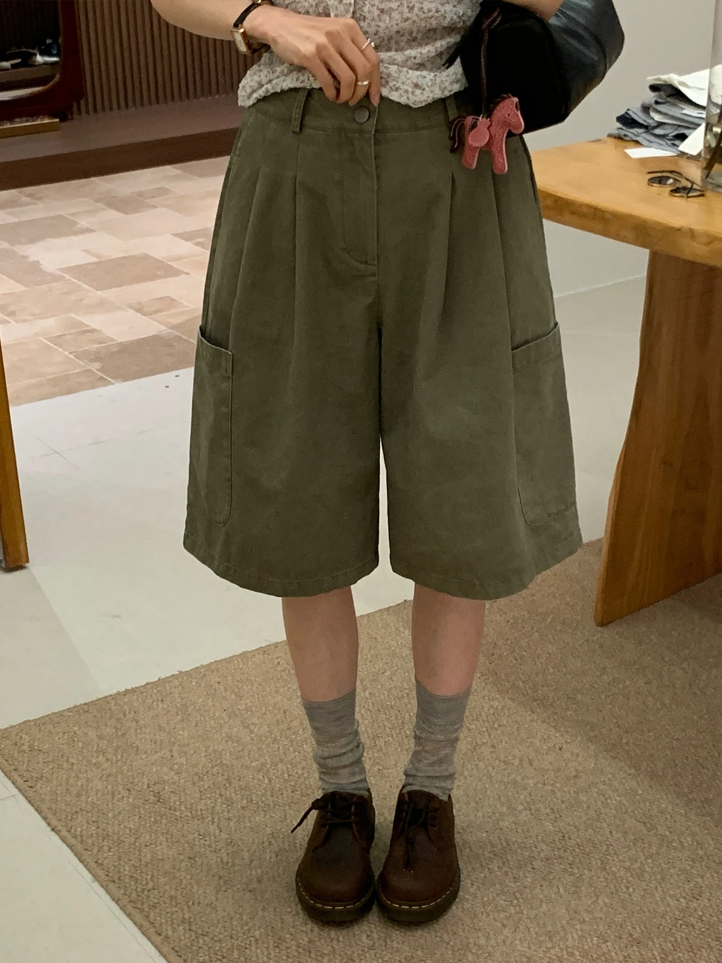 

High Waist Wide Leg Casual Shorts Women's plus Size Military Green Retro Workwear Five Minutes Summer Spring YNVN Korean Style