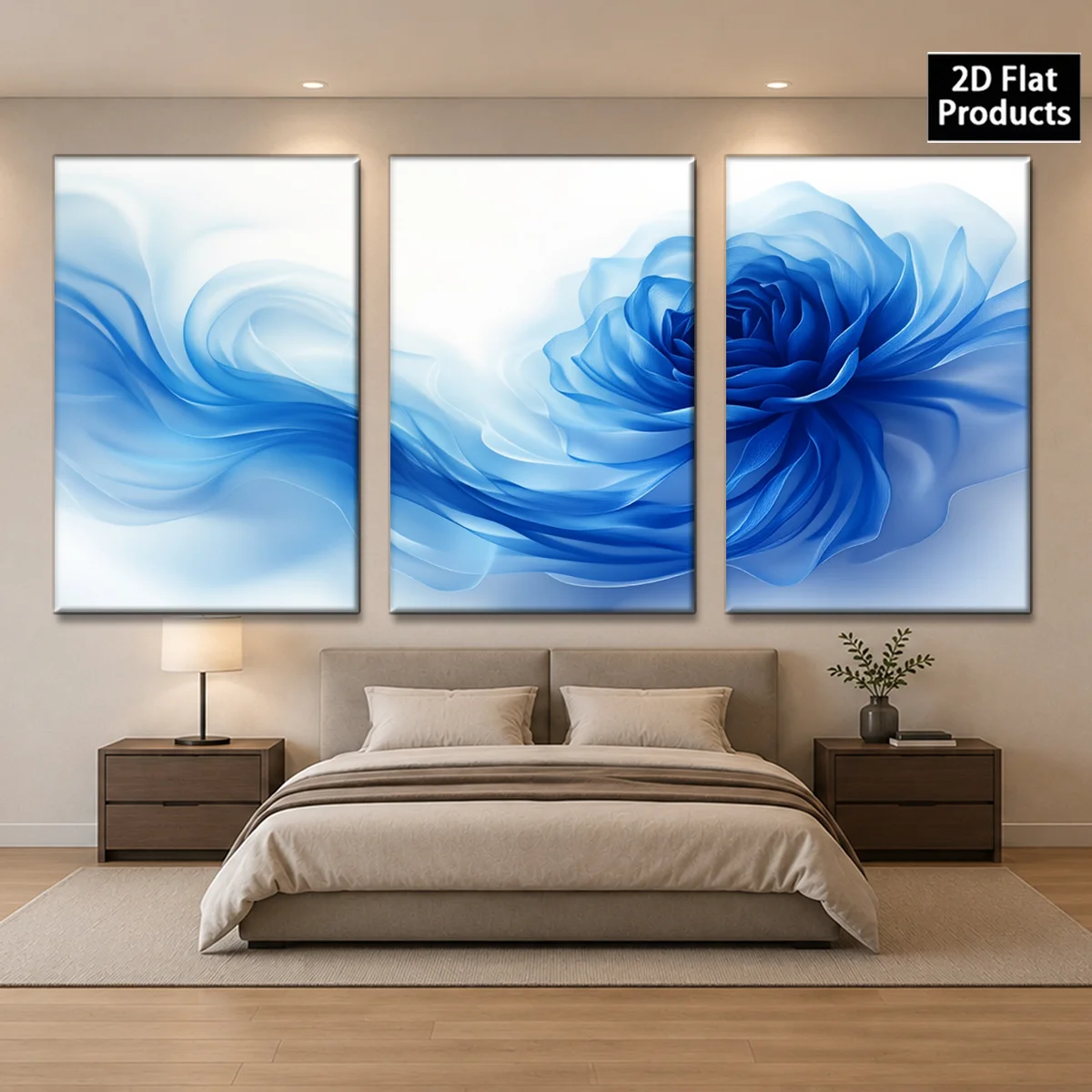 Frameless 3PCS 2D Decorative painting - Canvas painting - Three blue abstract flower and wave canvas paintings - cheap room d