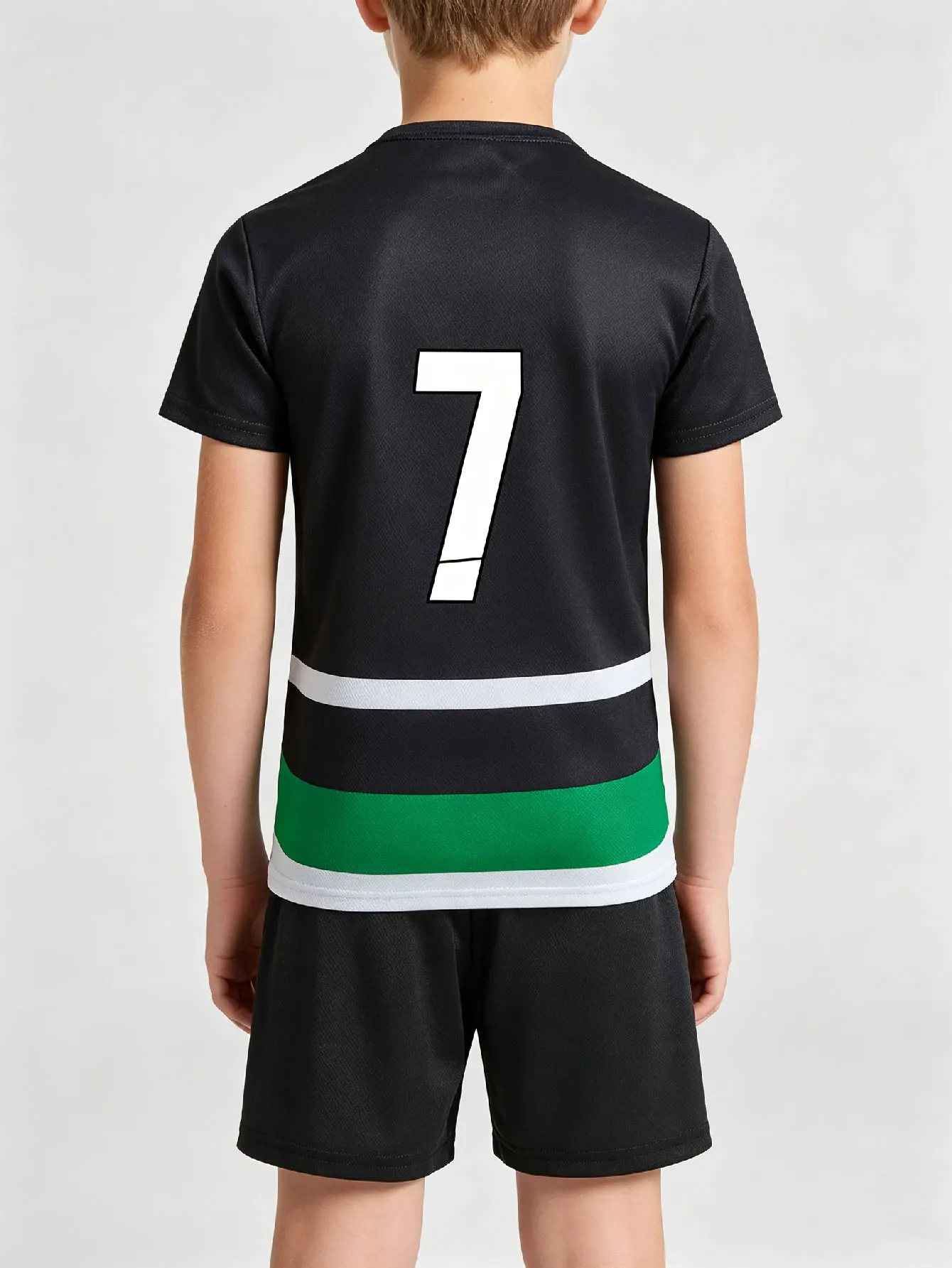 Eco-Friendly 2-Pcs Custom Soccer Jersey Set for Boys 3-13Yrs Black Green White Horizontal Stripe V-Neck Recyclable Fabric Person