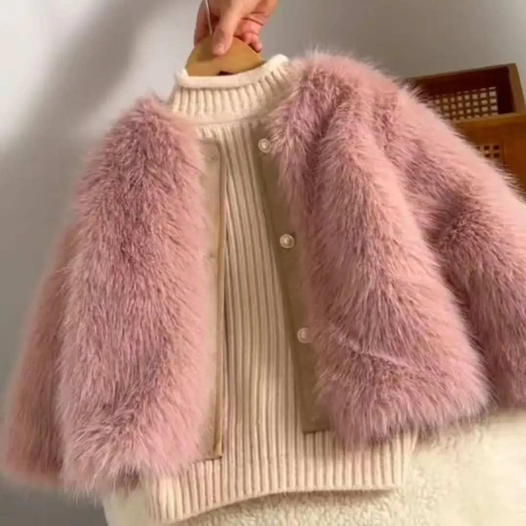 

Kids Girls Fashion Winter Coat Faux Fur Baby Girl Furry Fur Overcoat Fashion Single Breasted Leather Patchwork Jacket TR396