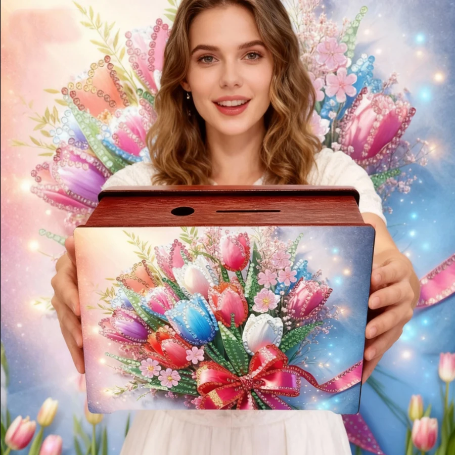 

Tulip Table Top Diamond Painting Money Box Coin Bank Desktop Diamond Art Kits Diamond Painting Change Holder Case Decors