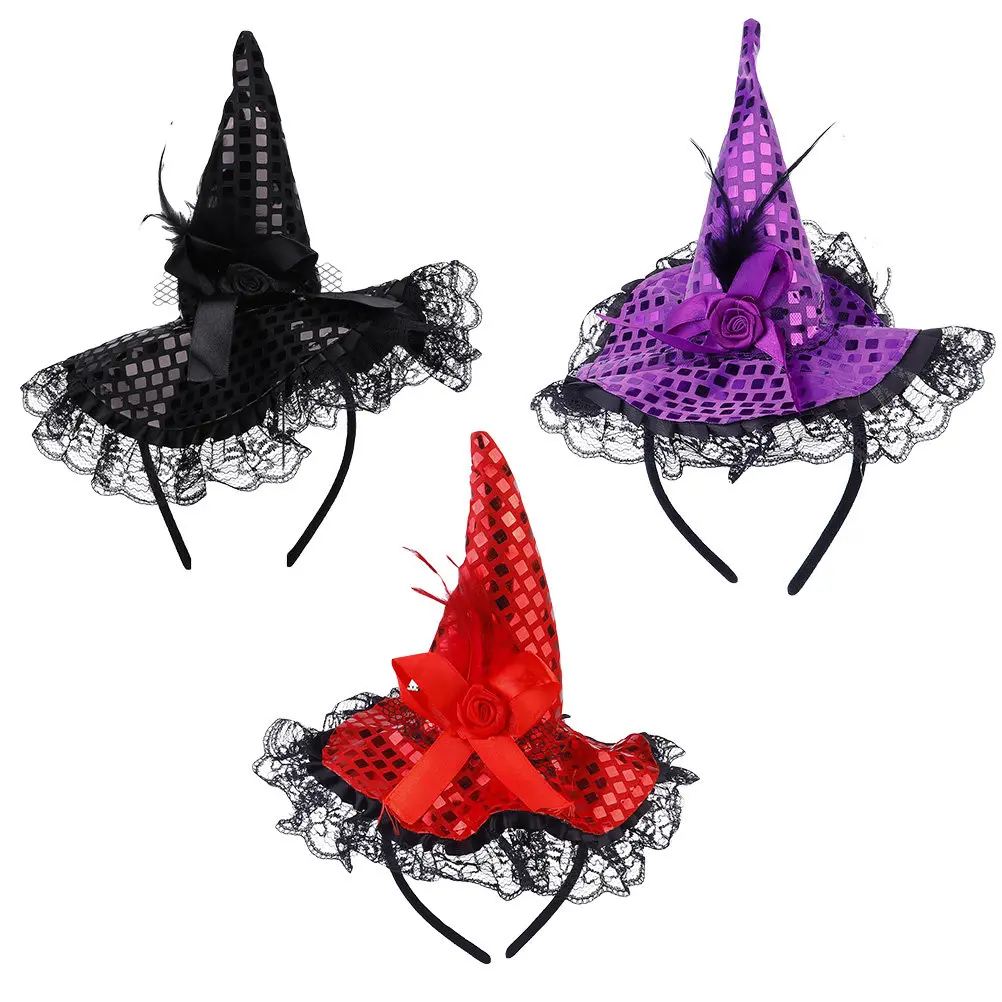 

3Pcs Premium Witch Headband with Glitter Accents Ribbon Bows Lace Wrap Stylish Halloween Party Hair Accessory for Women