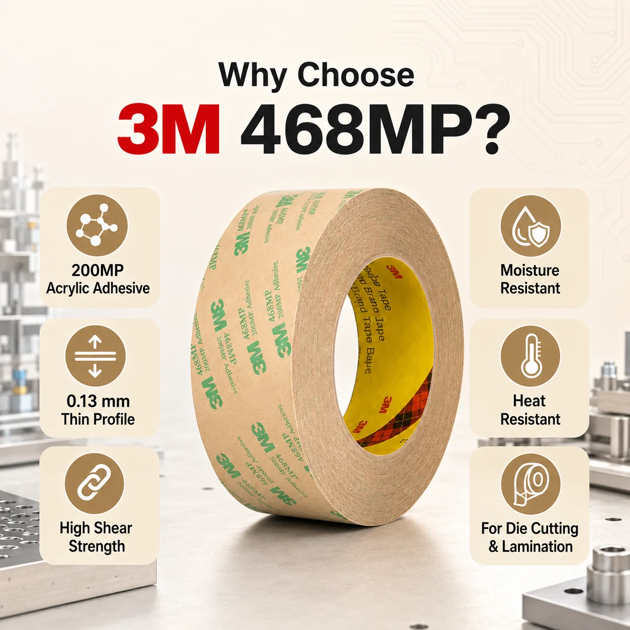 3M 468MP Adhesive Transfer Tape 0.13mm High Bond Heat Resistant For Metal Nameplates Panels Die Cutting 5-50mm X 55m