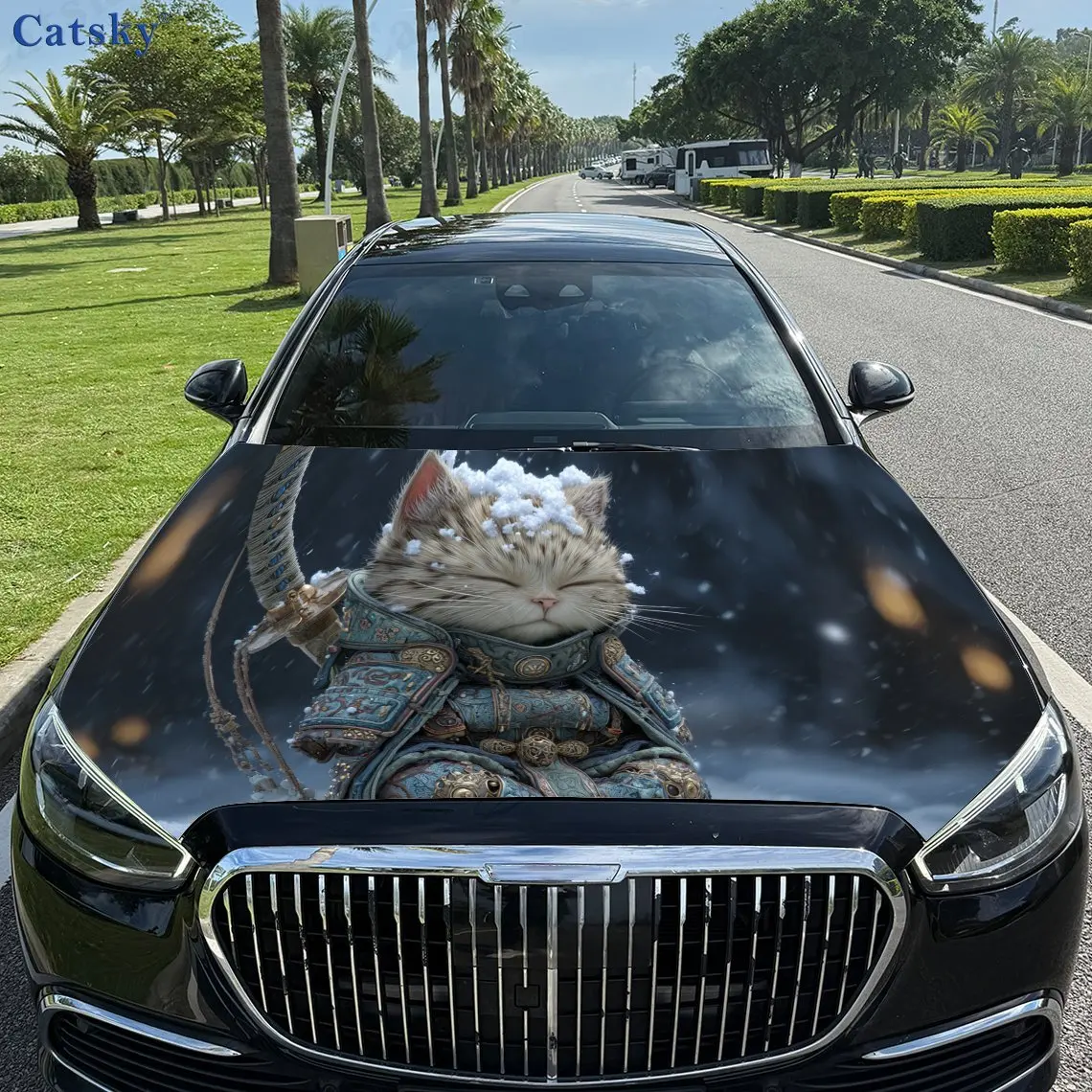 Sleep Cat Warrior Print,car Hood Stickers,PVC Waterproof Self Adhesive Car Hood Sticker,car Hood Decoration Protection Stickers,