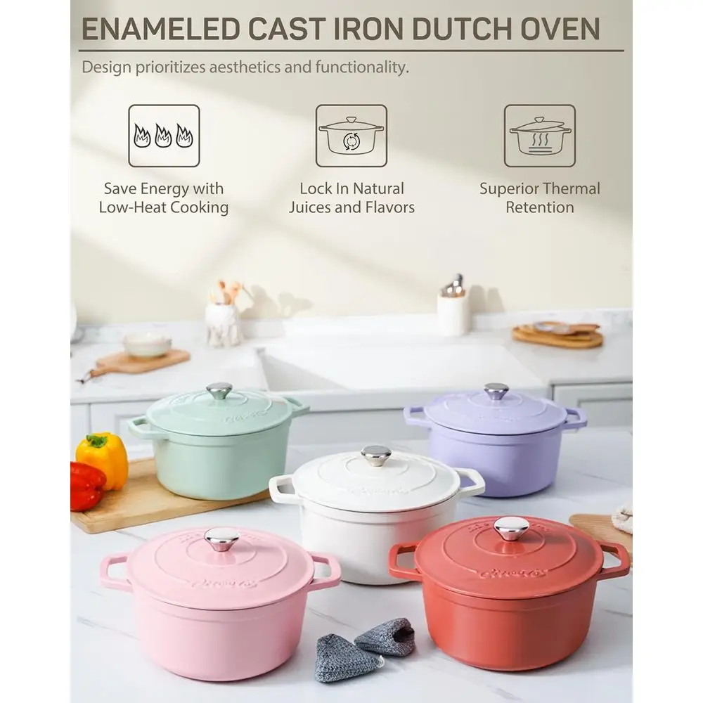 فرن هولندي من الحديد الزهر المطلي بالمينا، 6 كوارت، أبيض فاتح، آمن للفرن، مثالي لخبز الخبز والطهي، مع غطاء ومقابض مزدوجة