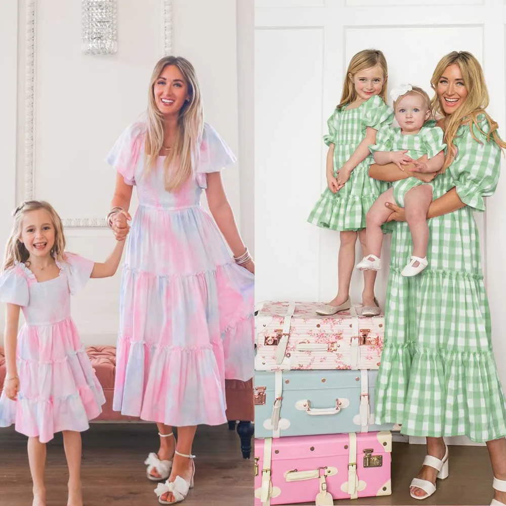 Family Mom Baby Women Girls Dress Summer Mother Daughter Matching Dresses Pink Grid Family Look Mom And Me Clothes Outfits