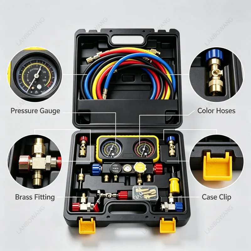 Suitable for R134a/R404/R1234yf Four-way AC Pressure Gauge, Valve Tube Pressure Gauge Group
