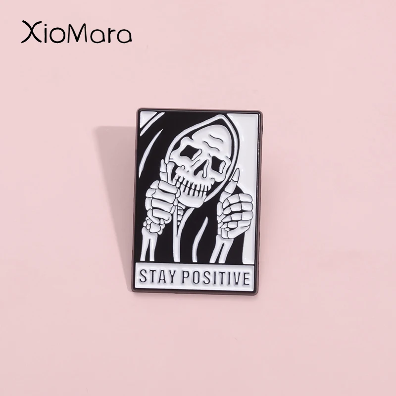 Stay Positive Enamel Pin Gothic Quotes Encourage Motivate Skull Faces Metal Brooch Lapel Backpack Badge Jewelry Gifts For Friend