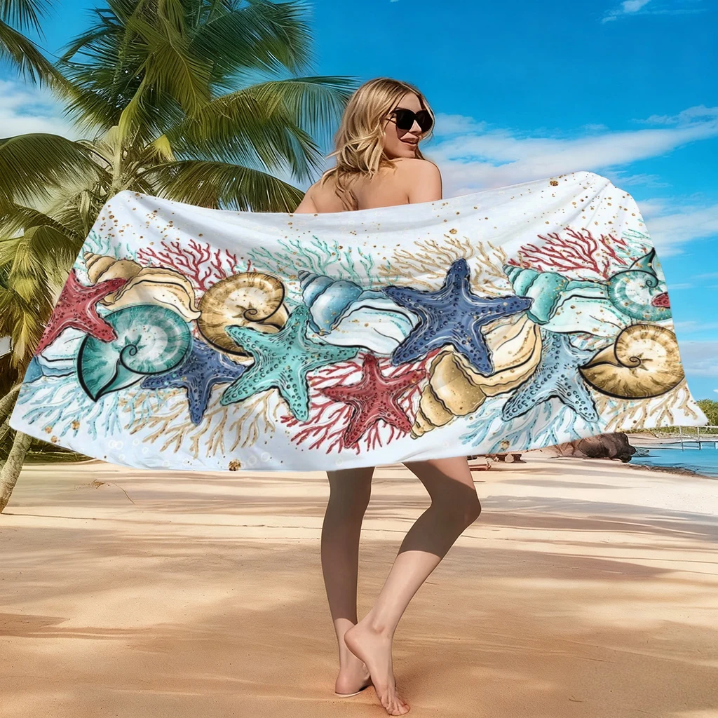 1pc Starfish and Conch Patterns Print Beach Towel Quick-drying Towel Suitable for Seaside Pool Camping Yoga For Family Friends