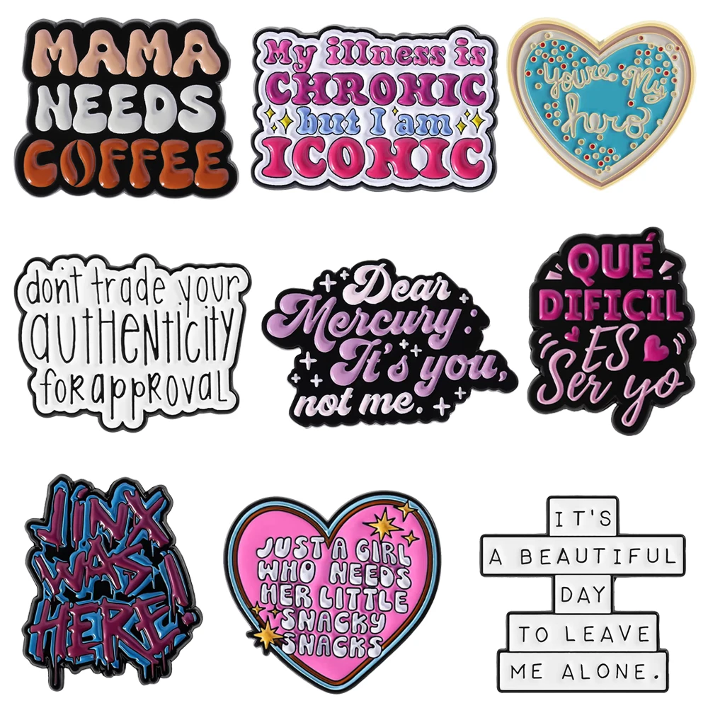 

Busy Woman Creative Rainbow Letters Quotes Enamel Pins Cartoon Heart-shaped Chill Coffee Lapel Badges Backpack Jewelry Gifts