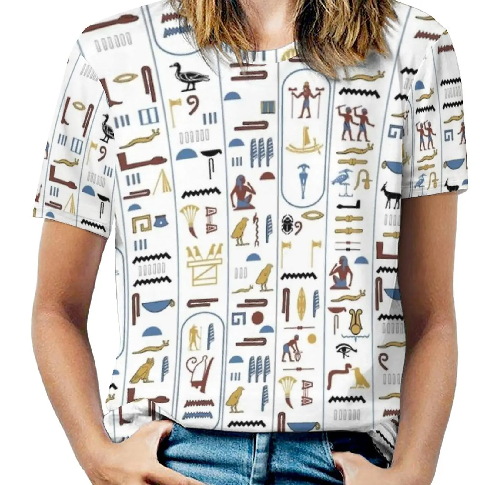 Pharaoh Hieroglyphs Ancient Civilization Egypt Fashion Print Women Ladies Girls T-Shirt Harajuku Round Neck Short Sleeve Tops &