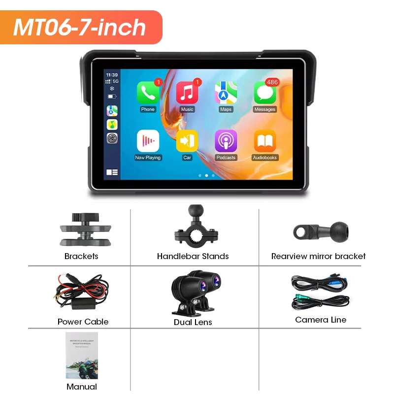 Srnubi 7-inch motorfiets GPS-navigatiescherm Draagbaar digitaal motorfietsdashboard Draadloos CarPlay Moto Android Auto