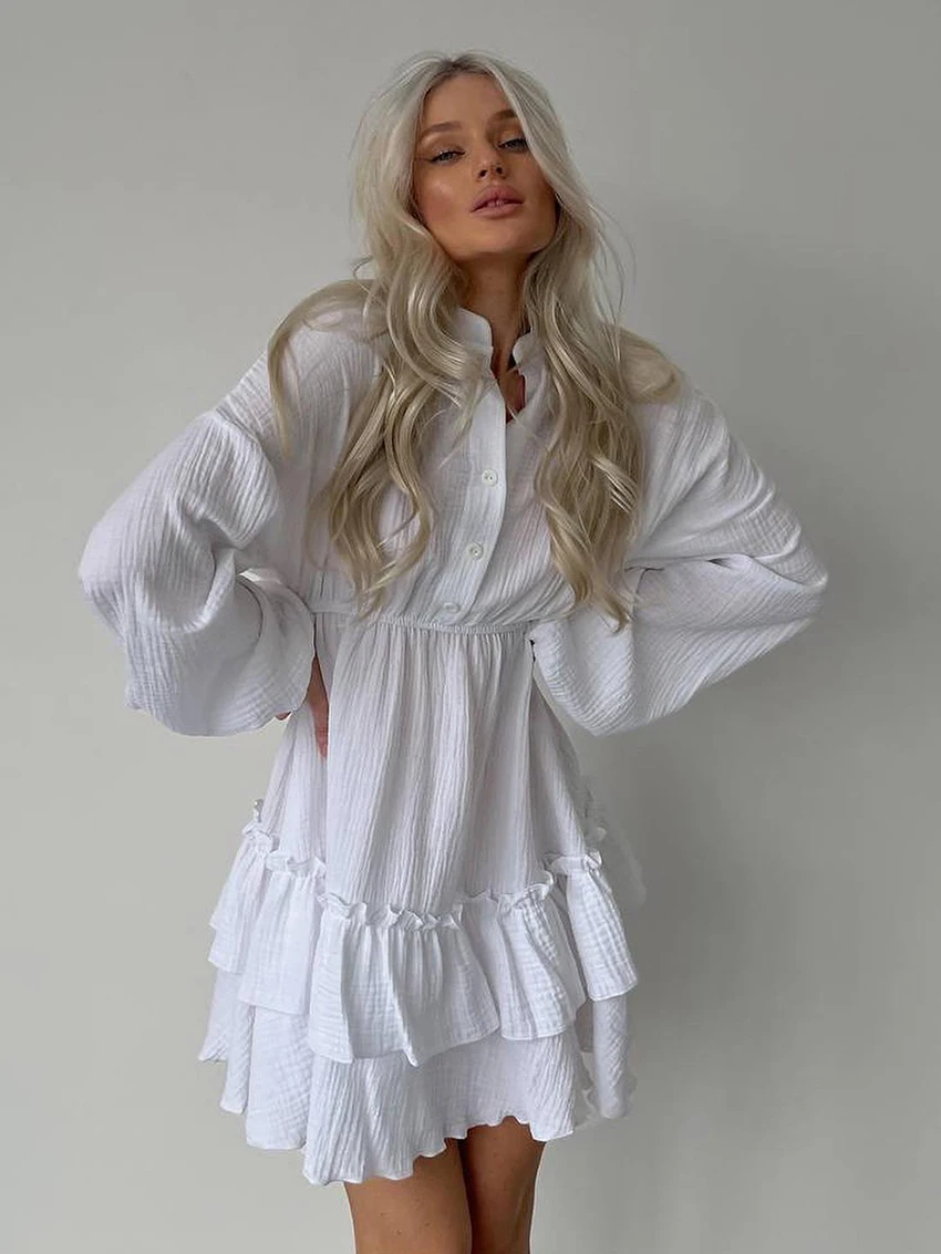 

Marthaqiqi Cotton Loose Women'S Sleepwear Long Sleeve Nightgowns O-Neck Nightwear Casual Mini Dress Pajamas White Ladies Nightie