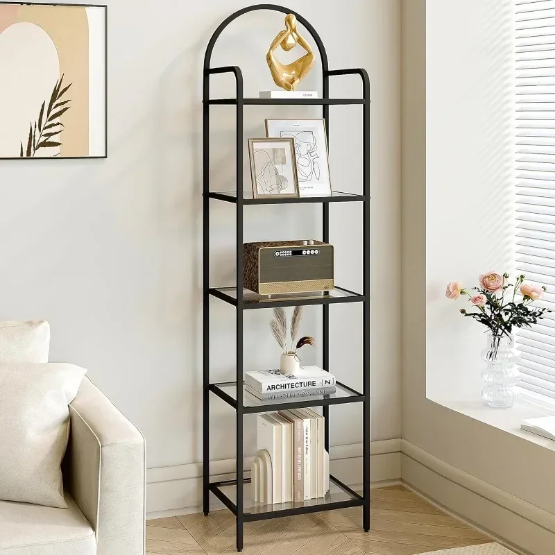

Tier Bookcase Bookshelf Tempered Glass Bookshelves Slim Shelving Unit for Bedroom Bathroom Home Office Steel Frame