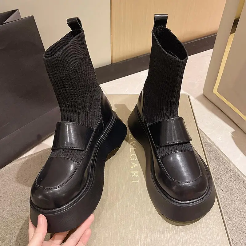 Damskie buty za kostkę Chunky Lolita Footwear Platforma Krótkie buty dla kobiet Mary Janes Booties Elastic Sock New In Winter 2024 Y2k