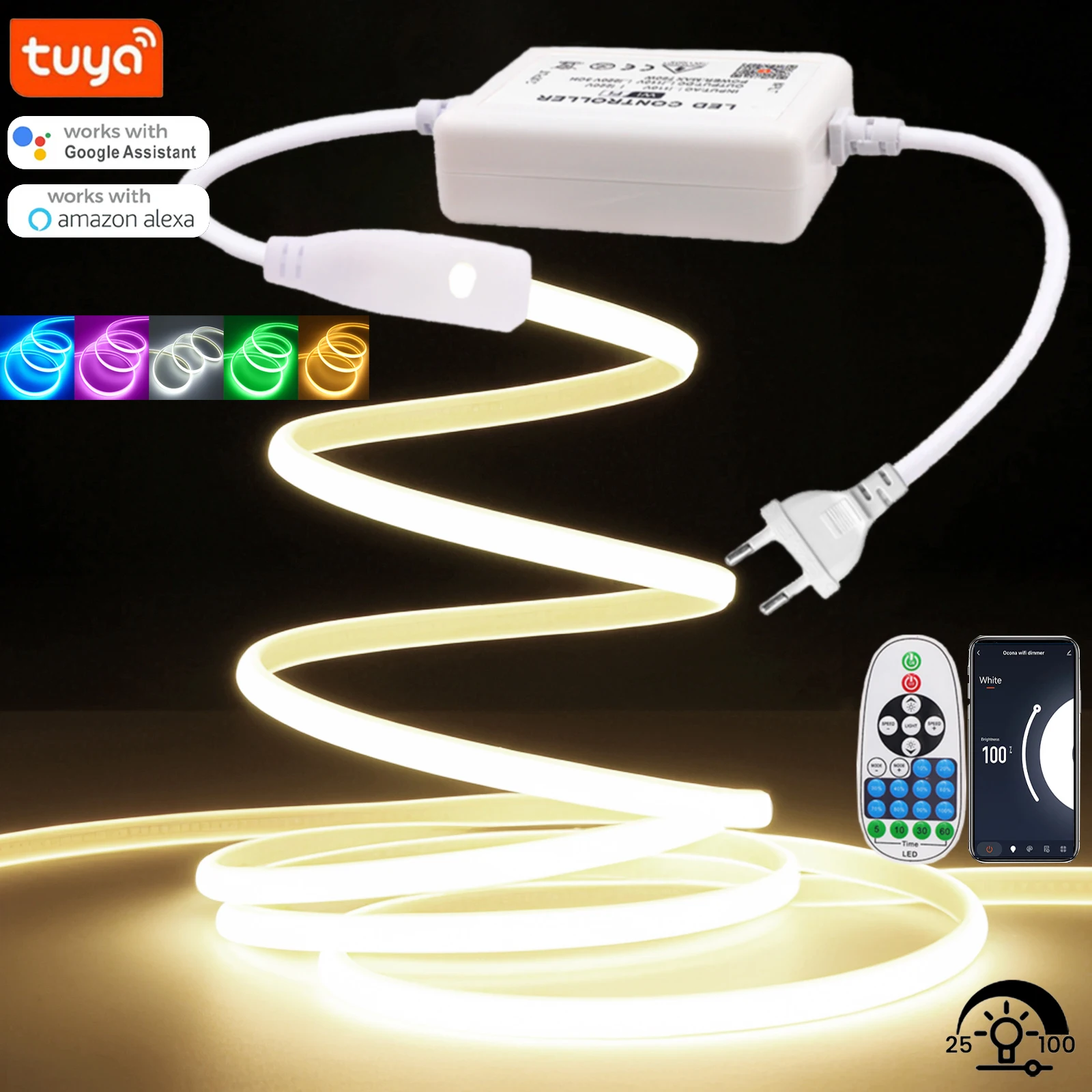 

Светодиодная лента Wi-Fi COB 220 В Водонепроницаемая теплая белая светодиодная неоновая веревка 288 светодиодов Светодиодная лента с приложением/дистанционным управлением для домашнего освещения