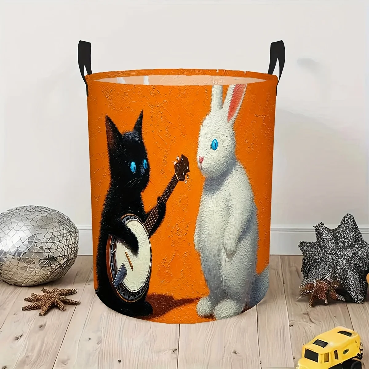Dirty Clothes Basket with Cat and Rabbit Music Theme Print Polyester Laundry Hamper with Handle Large Capacity Storage Bin
