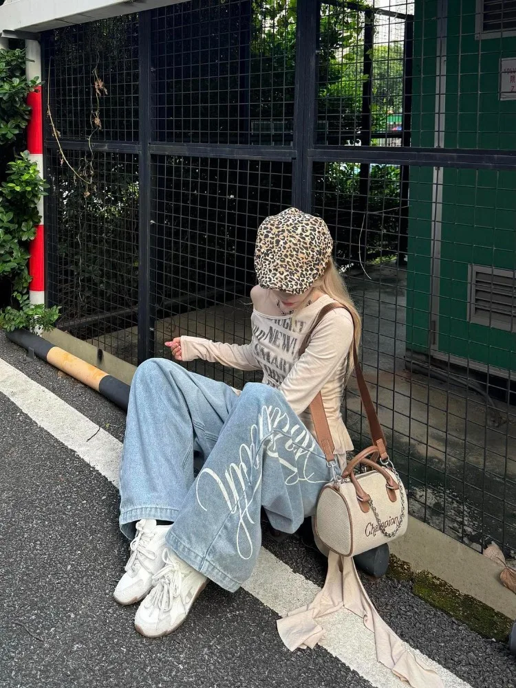 Women's Light Blue Letter Print Wide Leg Retro Jeans Casual Young Girl Straight Pants Female High Waist Baggy Denim Trousers