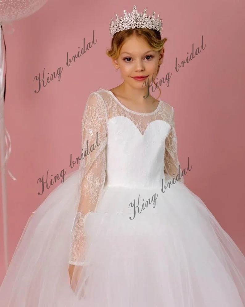 Handgefertigtes Kleinkindkleid, Festzugskleider für Mädchen, langärmelig, Spitze, Ball, Tüll, Blumenmädchenkleid, Mini-Brautmädchen-Hochzeitskleider